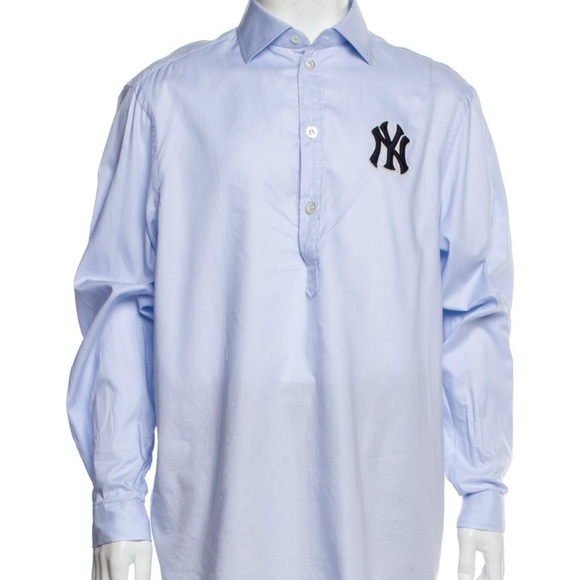 Gucci X MLB Yankee's Men's Light Blue Casual Button Down Shirt - Picture 1 of 5